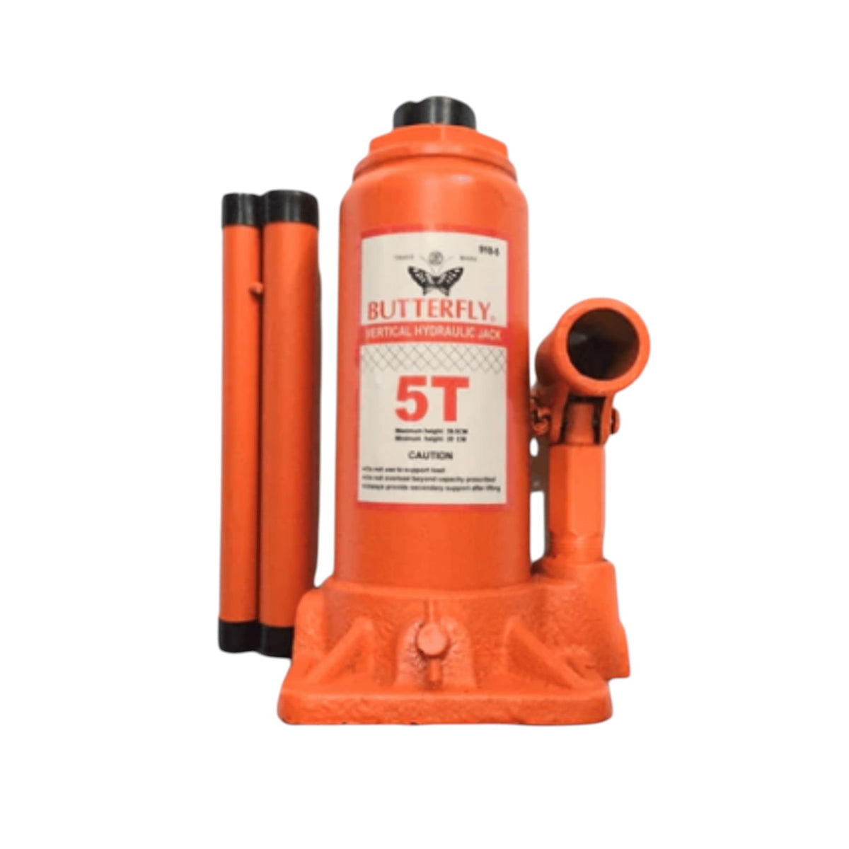 An orange hydraulic floor jack with a white label reading 'BUTTERFLY 5T' and two orange hand pumps, shown on a plain white background.