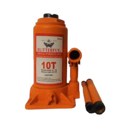 An orange Butterfly 10T vertical hydraulic jack with its two black-handled pump extension tubes, shown on a plain white background.