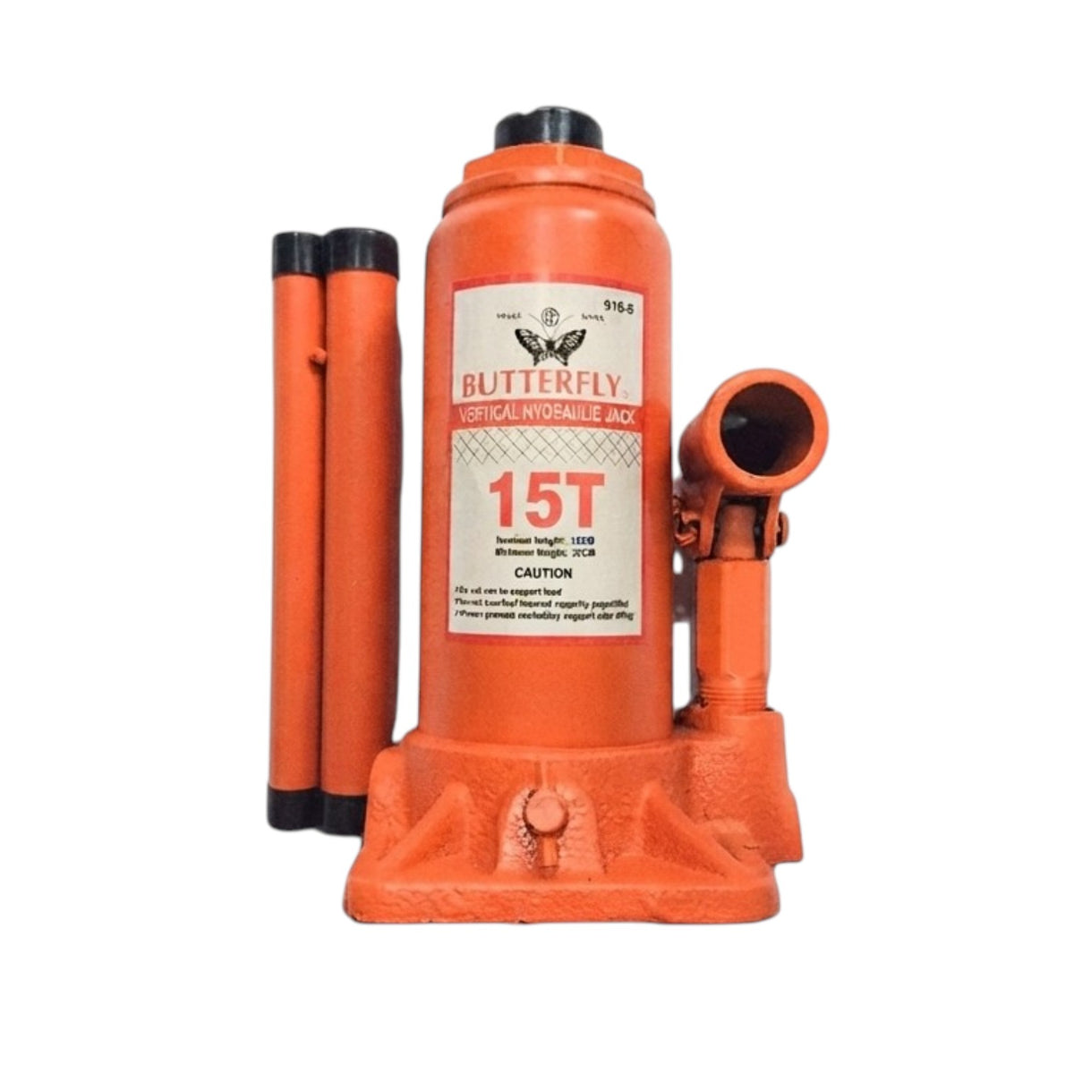 An orange hydraulic jack with a white and red label reading 'BUTTERFLY 15T' and two matching orange cylinders standing beside it on a plain white background.