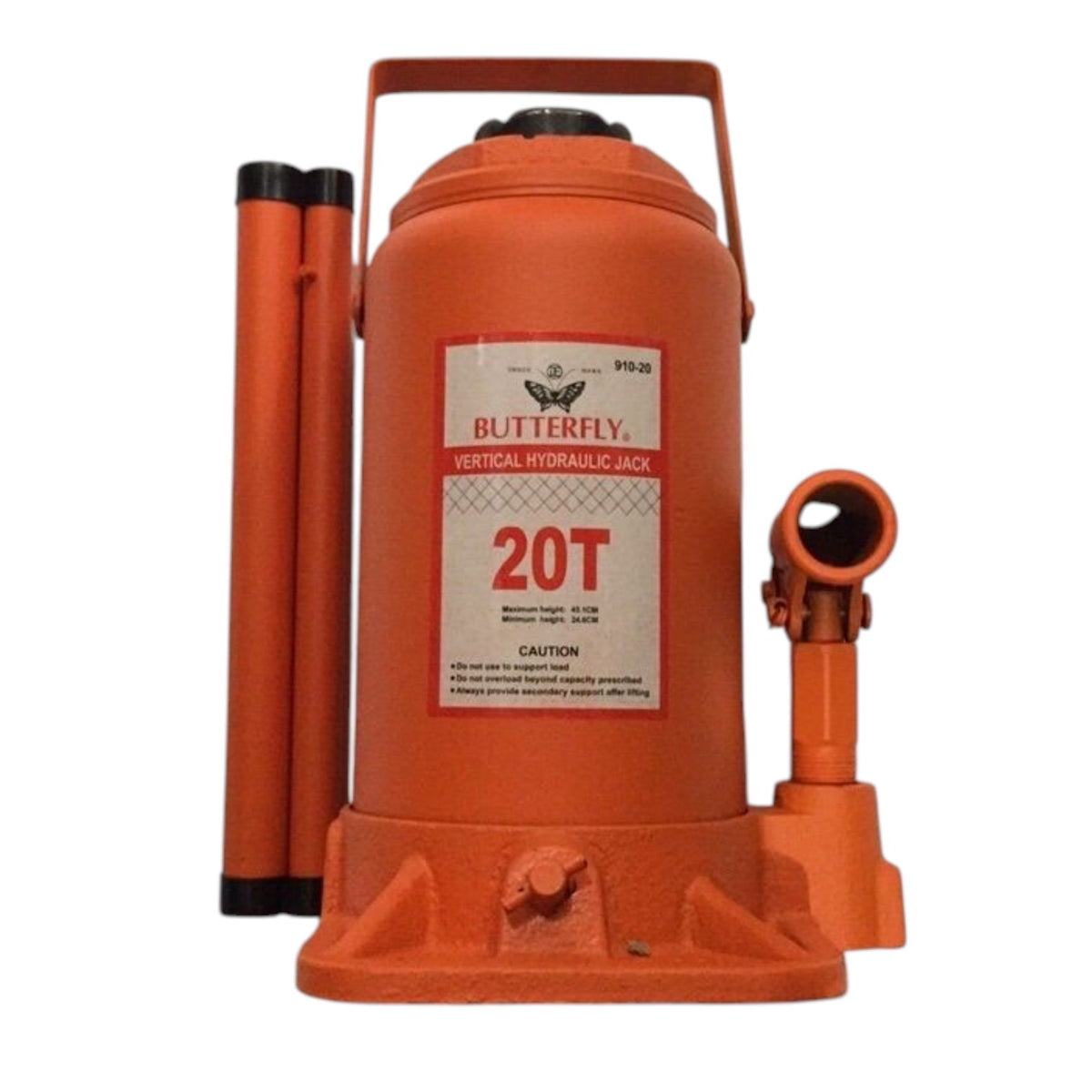 An orange industrial vertical hydraulic jack with a 20T capacity label, shown with its handle, two auxiliary cylinders, and a side mounting pipe on a plain white background.