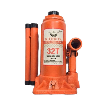 An orange Butterfly 32T vertical hydraulic jack with two orange handles and a mounting bracket, shown on a plain white background.