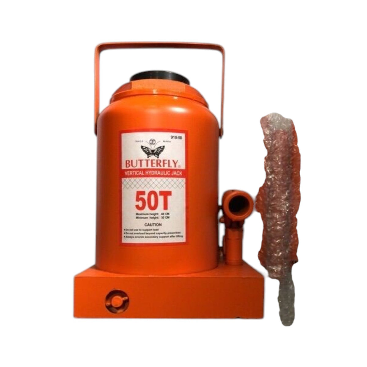 An orange Butterfly 50T vertical hydraulic jack with a carrying handle, base, and a separate textured gray wedge-shaped component shown alongside on a white background.