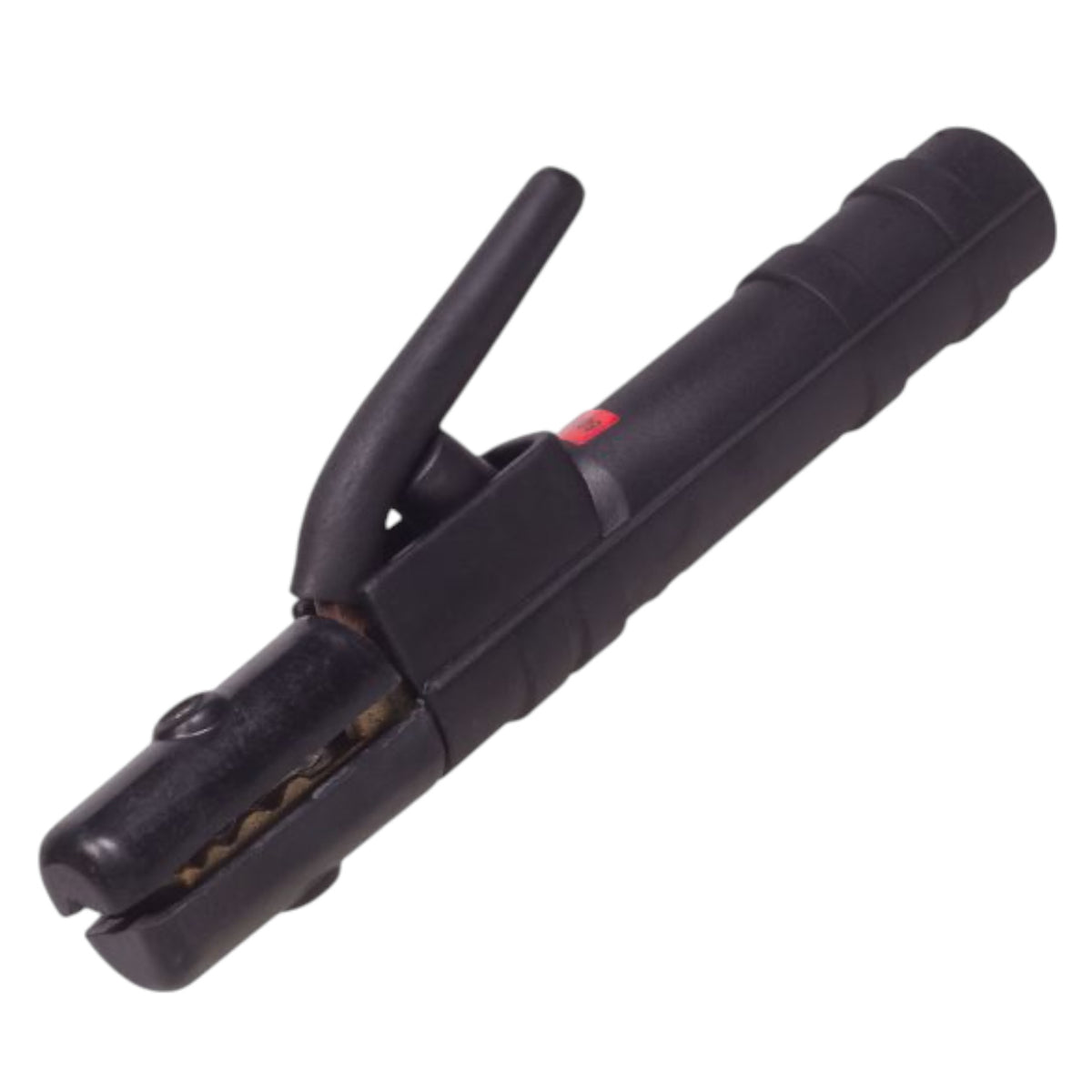 A black welding clamp tool with a textured handle and a small red accent button, shown on a plain white background.