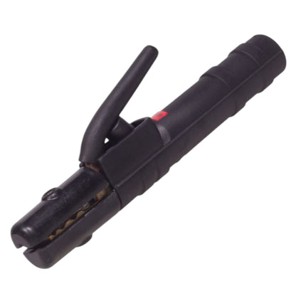 A black welding clamp tool with a textured handle and a small red accent button, shown on a plain white background.