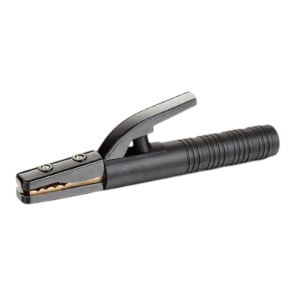 A black metal and plastic welding ground clip with a textured grip handle, shown on a plain white background.