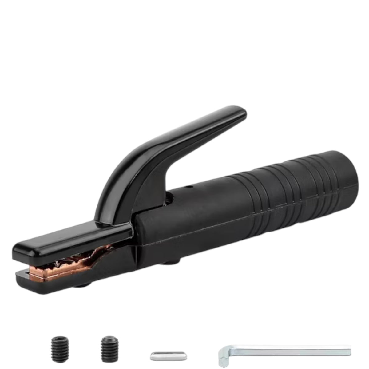 A black welding ground clip with a textured grip handle and a copper-colored contact tip, shown on a white background with two small mounting screws, a metal pin, and a hex key below it.