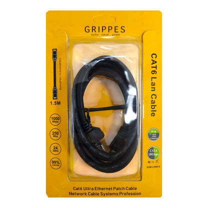 Grippes CAT6 Lan Cable 1.5m patch cable in its original yellow retail packaging, showing the coiled black cable inside a clear plastic window.