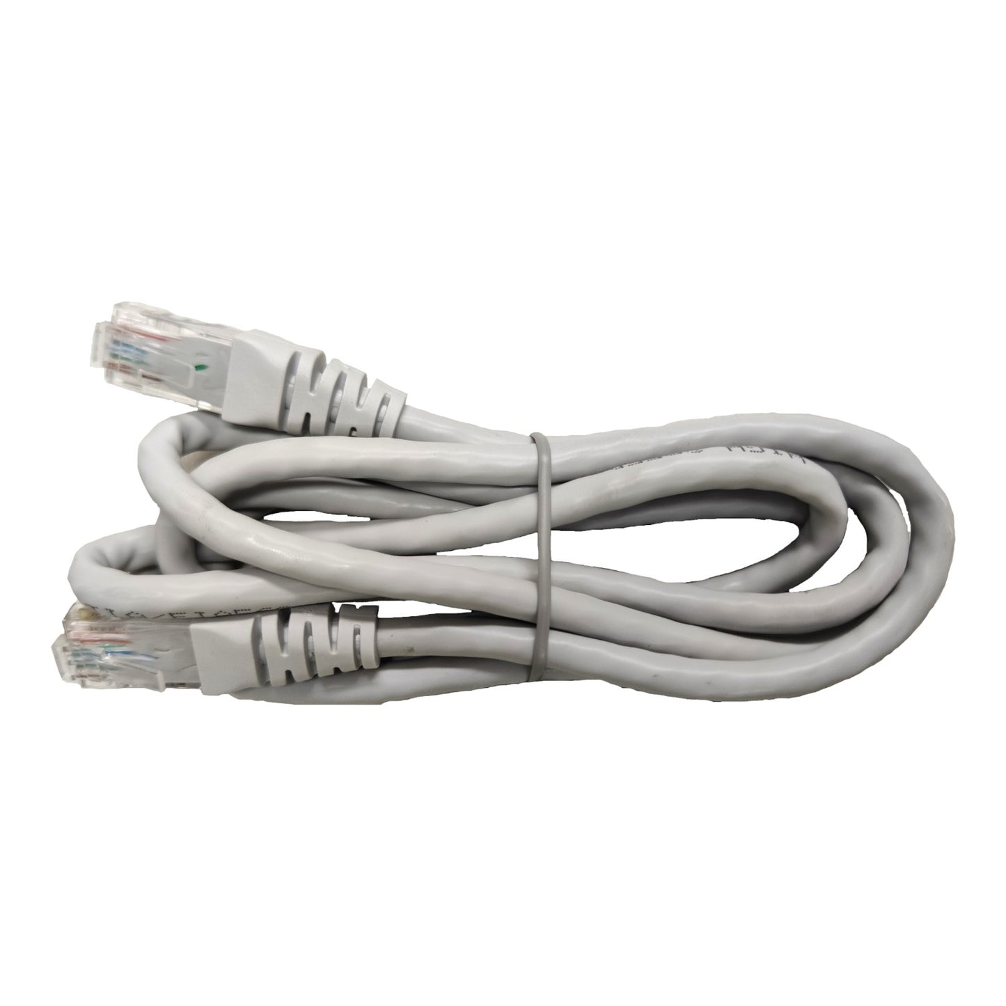 A coiled gray Ethernet cable with RJ45 connectors, secured with a thin gray band, on a plain white background.