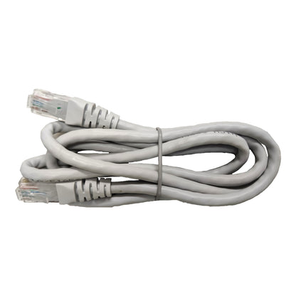 A coiled gray Ethernet cable with RJ45 connectors, secured with a thin gray band, on a plain white background.