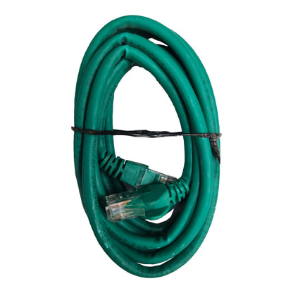 A coiled green Ethernet cable with RJ45 connectors, secured with a black zip tie, on a plain white background.