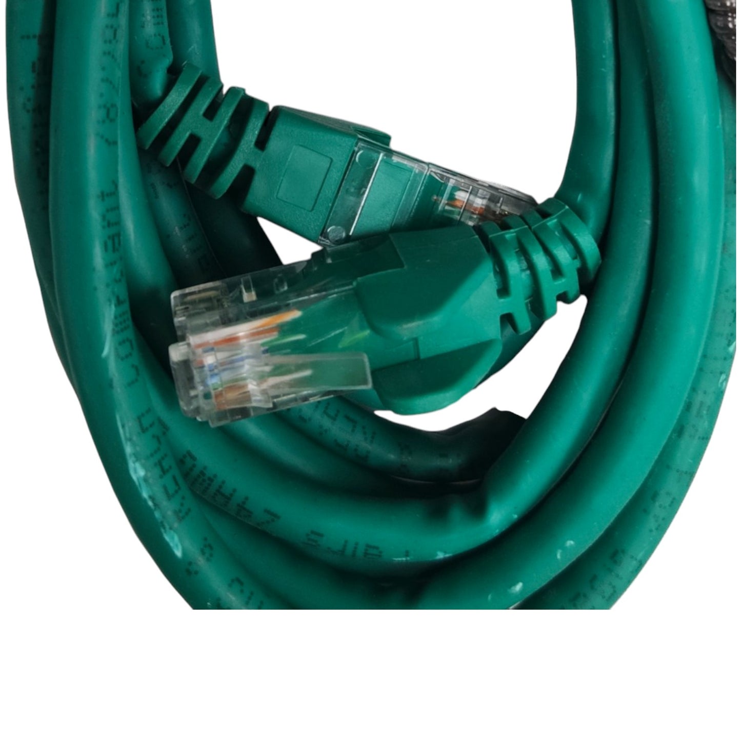 A coiled green Ethernet cable with RJ45 connectors, shown on a plain white background.