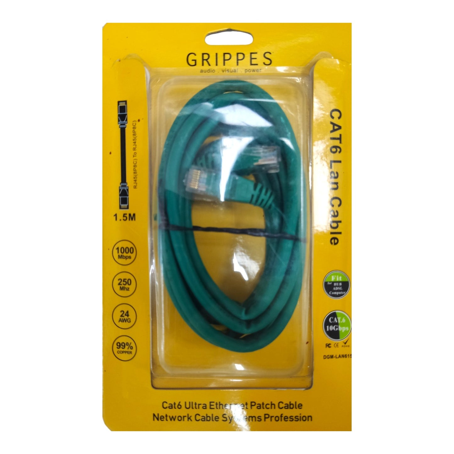 Grippes Cat6 Lan Cable 1.5m patch cable in green, packaged in its original yellow retail blister packaging.