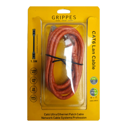 Grippes Cat6 Lan Cable 1.5m patch cable in orange, sealed in its original yellow retail packaging with a clear plastic window.