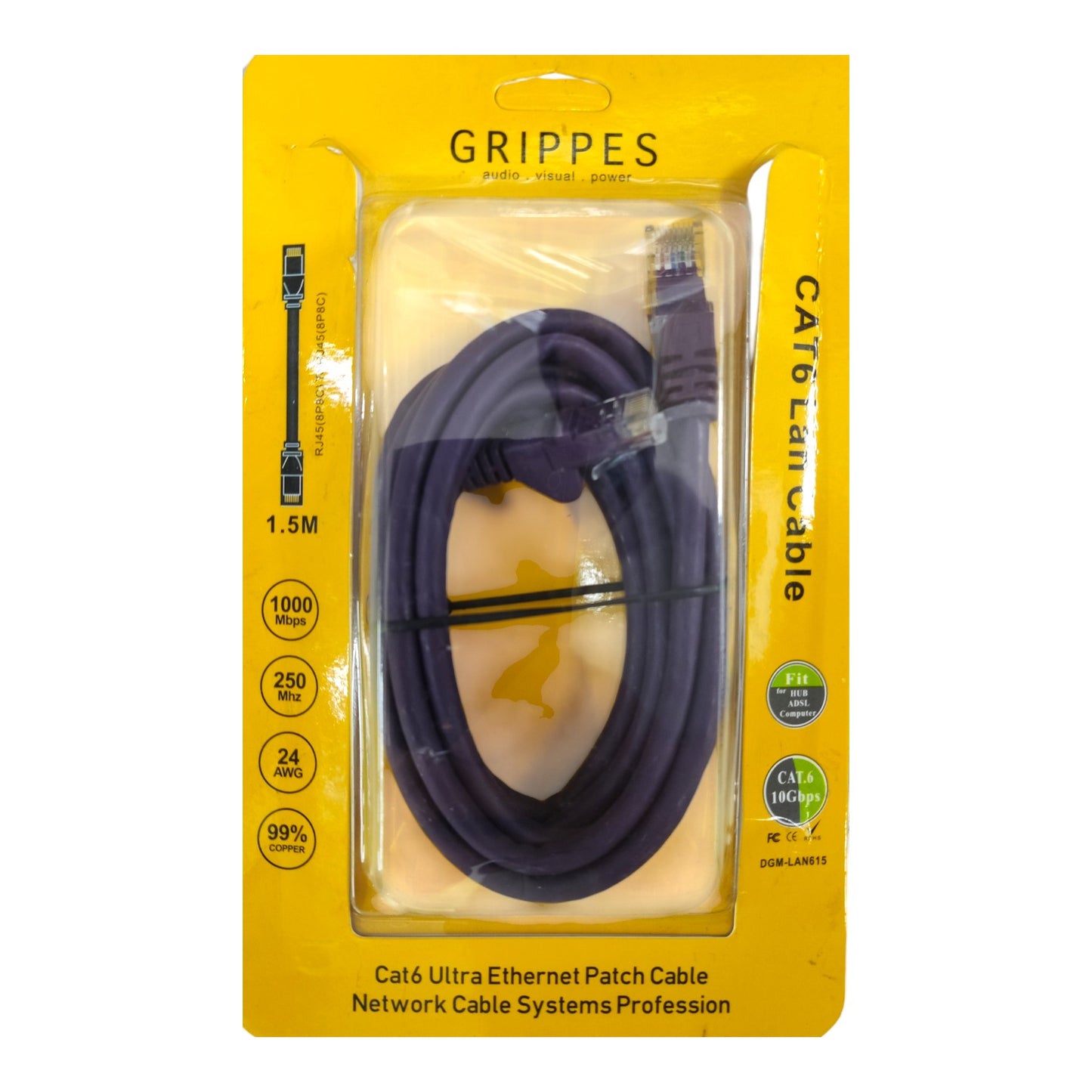 A purple Cat6 Ultra Ethernet patch cable in its original yellow Grippes retail packaging, featuring product specifications and technical details on the card.