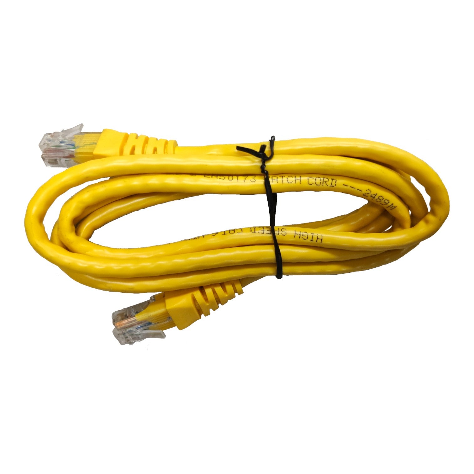 A coiled yellow Ethernet cable with RJ45 connectors, secured with a black zip tie, on a plain white background.