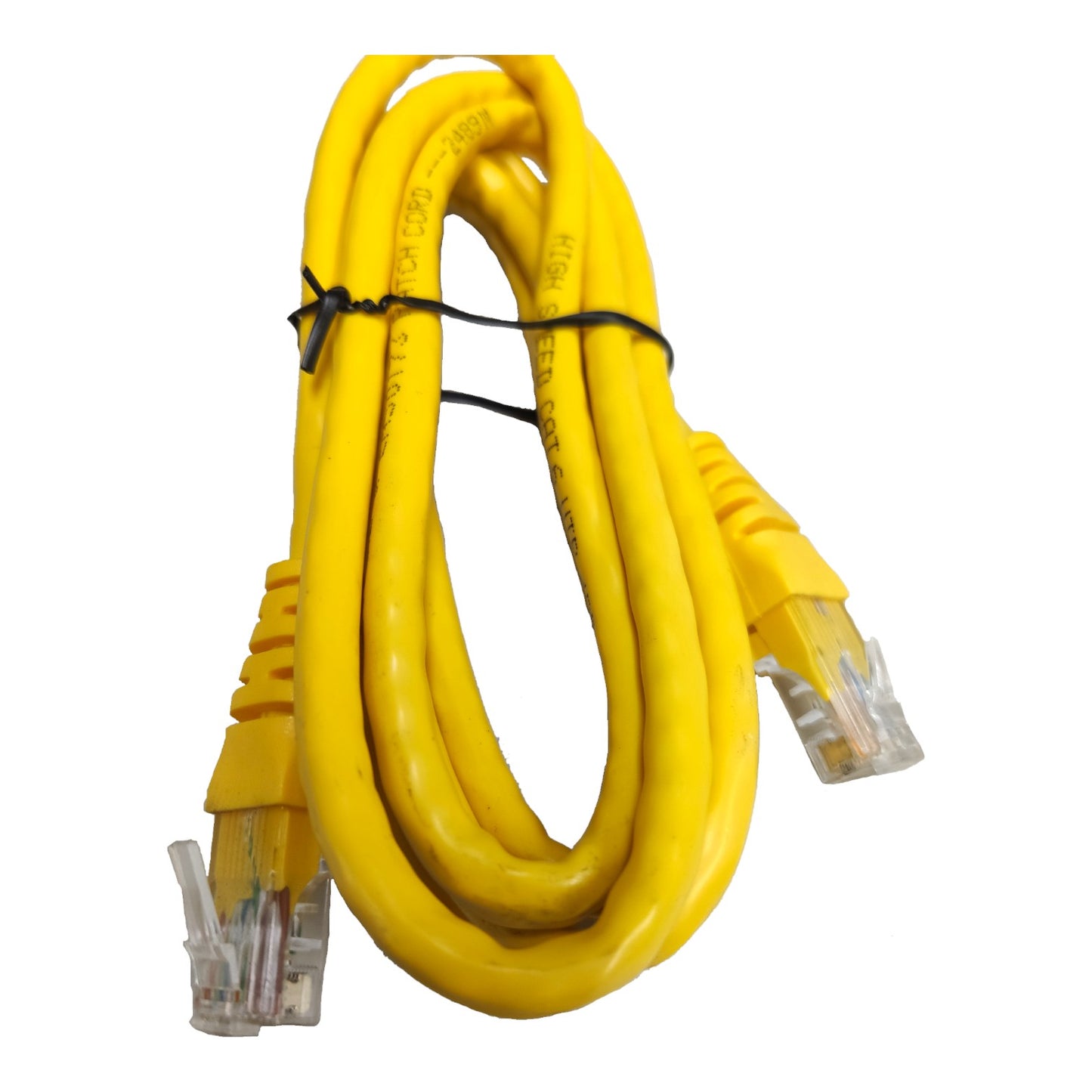 A coiled yellow Ethernet cable with RJ45 connectors, secured with a black zip tie, on a plain white background.