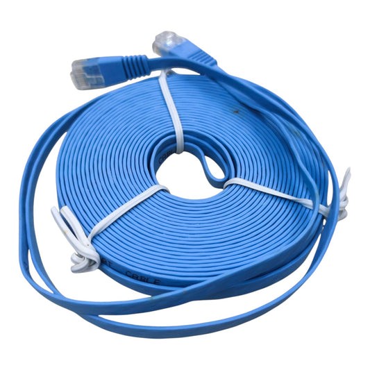 A coiled blue Ethernet cable with RJ45 connectors, secured with white zip ties, on a plain white background.
