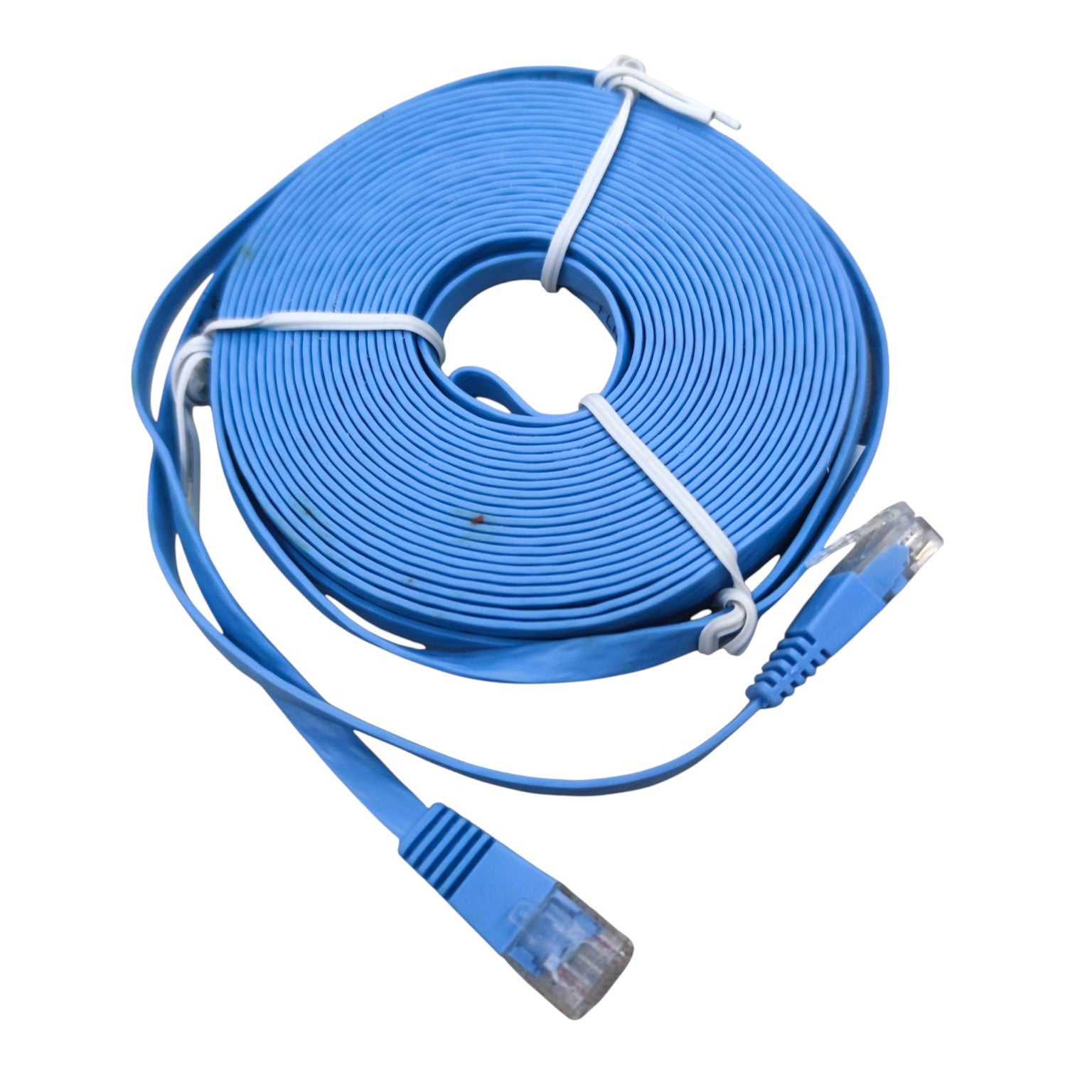 A coiled blue Ethernet cable with RJ45 connectors on both ends, secured with white zip ties, shown on a plain white background.
