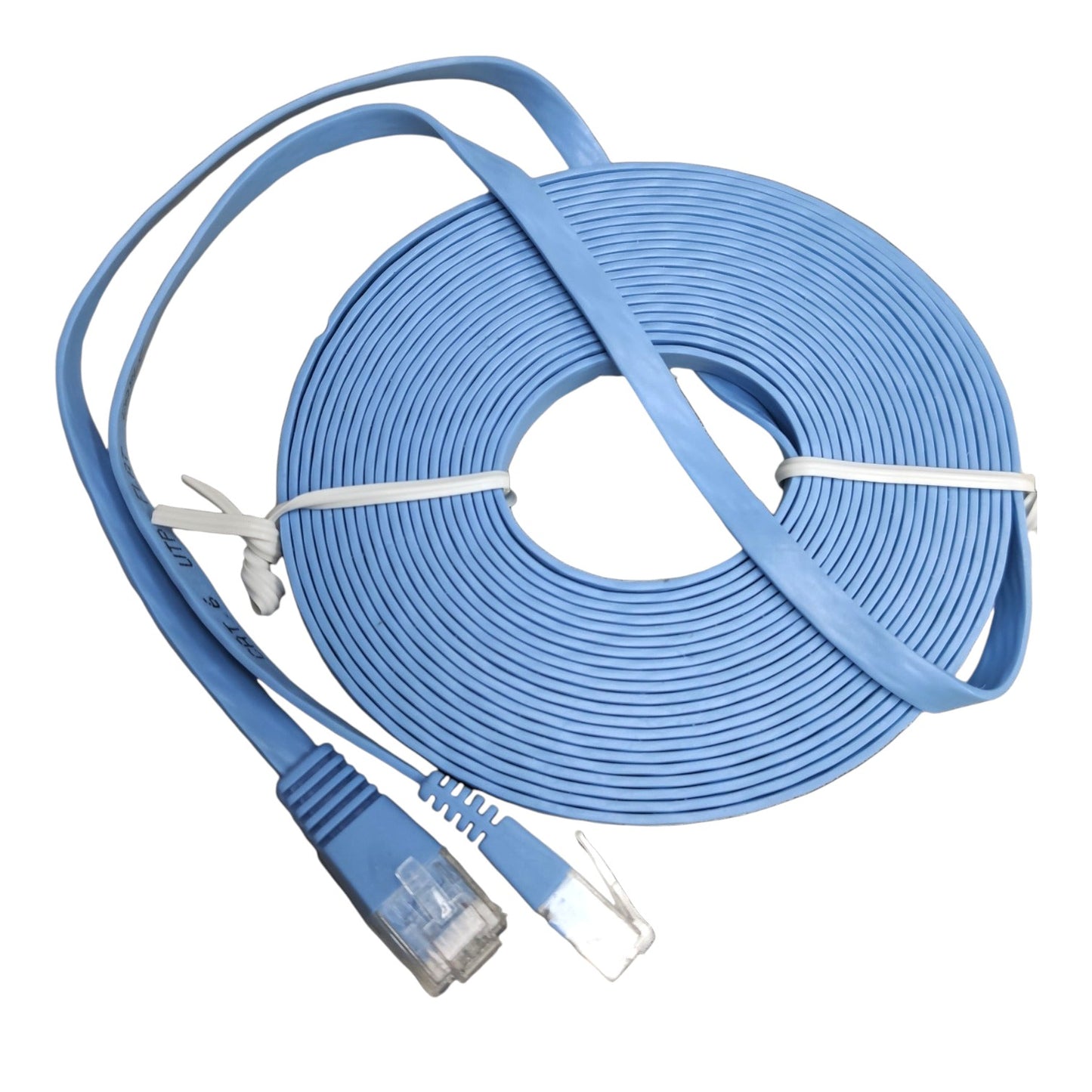 A coiled light blue Ethernet cable with RJ45 connectors, secured with white zip ties, on a plain white background.