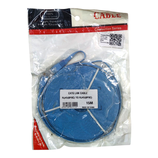 A 15-meter blue CAT5 LAN cable coiled inside its clear plastic retail packaging, featuring a white label and a header card with branding.