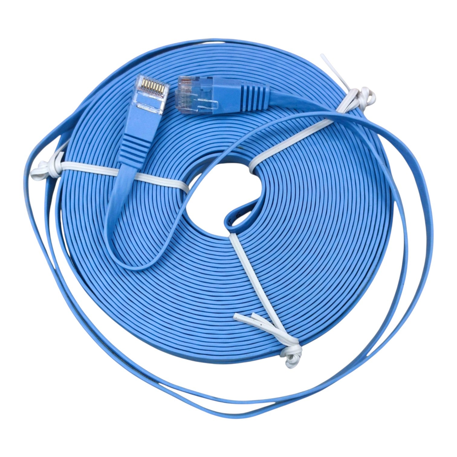 A coiled blue Ethernet cable with RJ45 connectors, secured with white zip ties, on a plain white background.