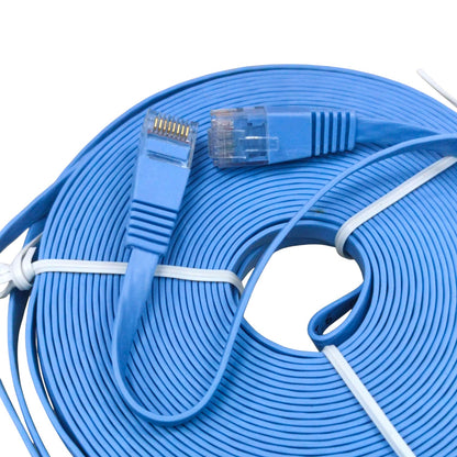 A coiled blue Ethernet cable with RJ45 connectors, secured with a white zip tie, on a plain white background.