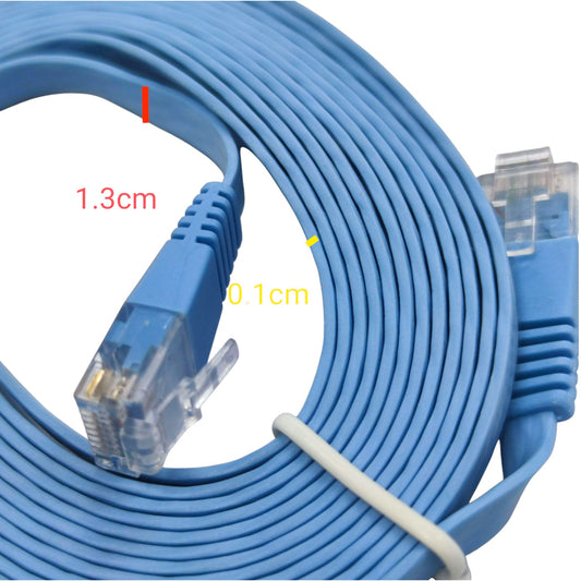 Blue Ethernet cable coiled on a white background with red and yellow dimension labels showing 1.3cm and 0.1cm measurements.