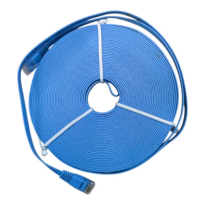 A coiled blue Ethernet cable with RJ45 connectors on both ends, secured with white zip ties, shown on a plain white background.
