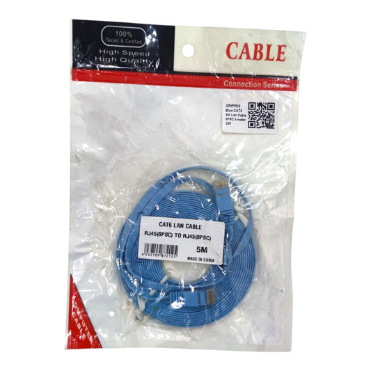 Blue CAT6 LAN cable in a clear plastic retail package with a printed header card and product label.