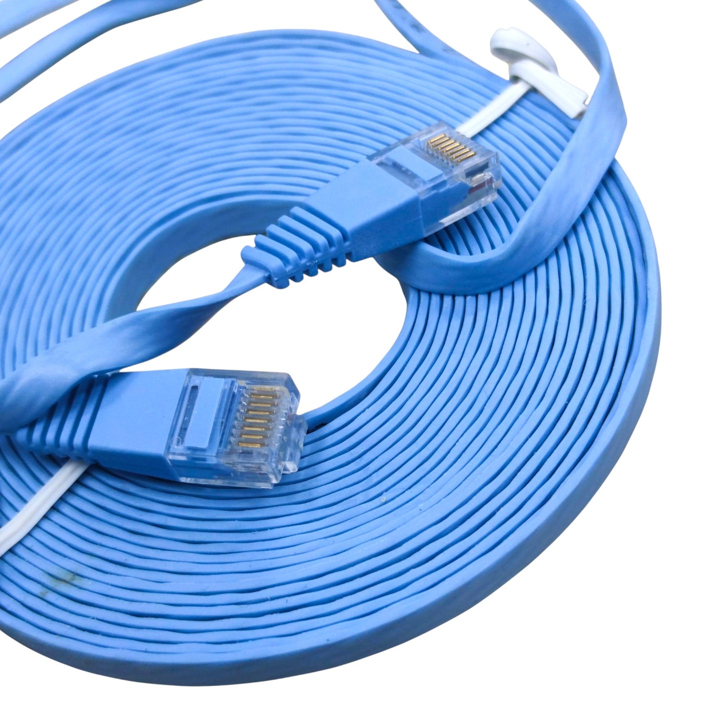 A coiled blue Ethernet cable with RJ45 connectors, shown on a plain white background.