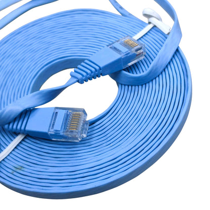 A coiled blue Ethernet cable with RJ45 connectors, shown on a plain white background.