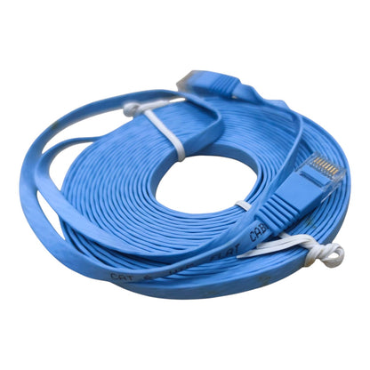 A coiled blue flat Ethernet cable with RJ45 connectors, secured with white zip ties, on a plain white background.