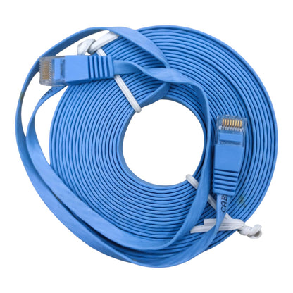 A coiled blue flat Ethernet cable with RJ45 connectors, secured with white zip ties, on a plain white background.