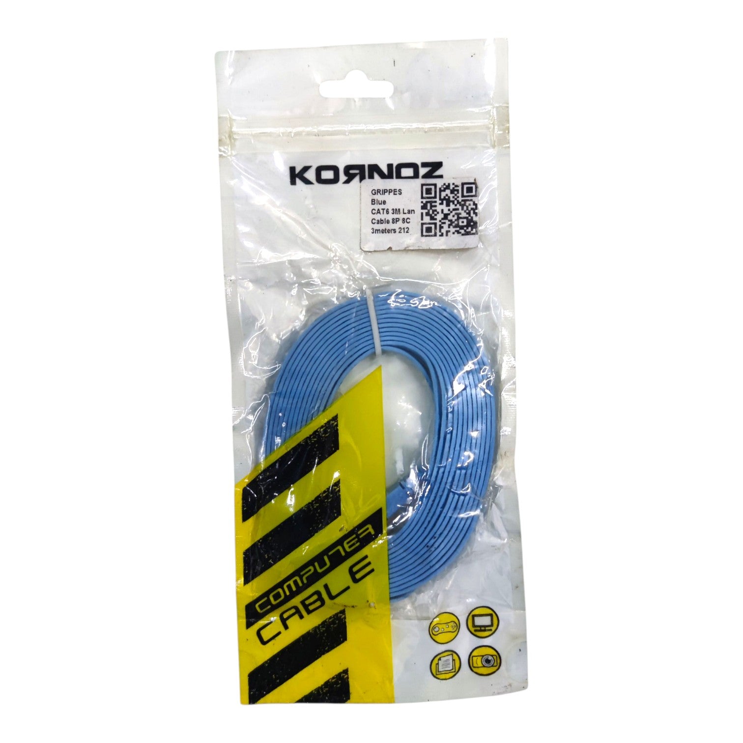 Blue computer cable in a clear plastic retail package with a yellow and black warning-style label and the brand name KORNOZ visible at the top.
