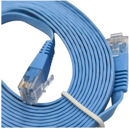 A coiled blue Ethernet cable with RJ45 connectors, secured with a white zip tie, shown on a plain white background.