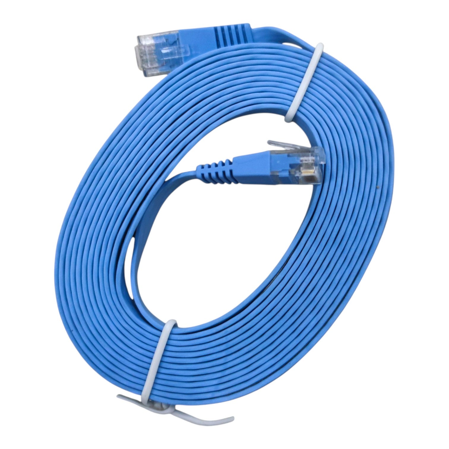 A coiled blue Ethernet cable with RJ45 connectors, secured with white zip ties, on a plain white background.