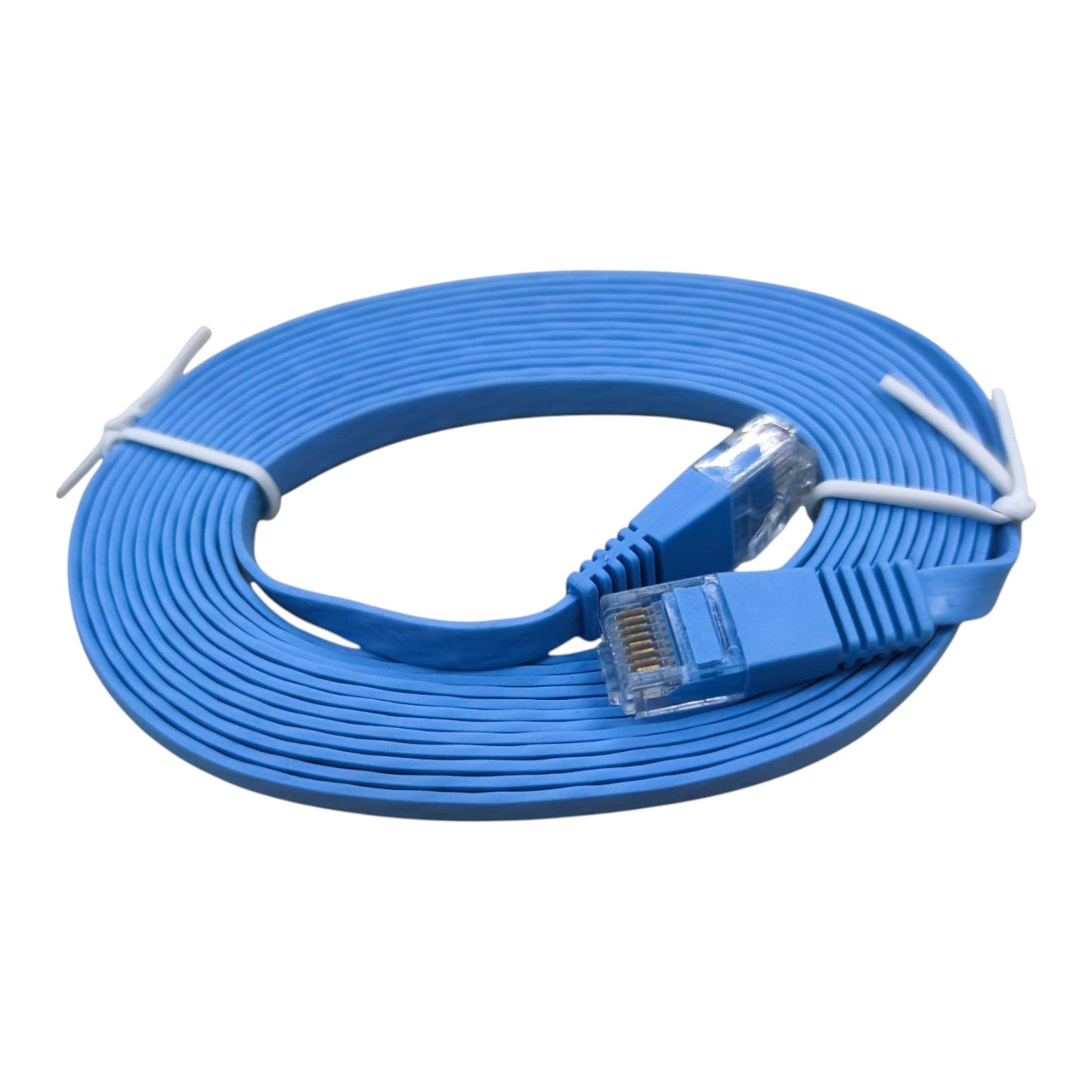 A coiled blue Ethernet cable with RJ45 connectors, secured with white zip ties, on a plain white background.