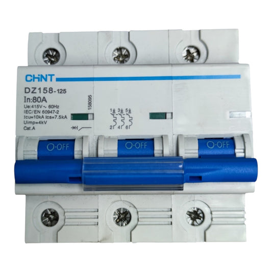 CHNT DZ158-125 In:80A modular circuit breaker with blue and white components, shown on a plain white background.