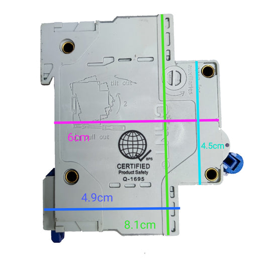 A gray electrical component with dimension markings showing measurements of 8.1cm, 4.