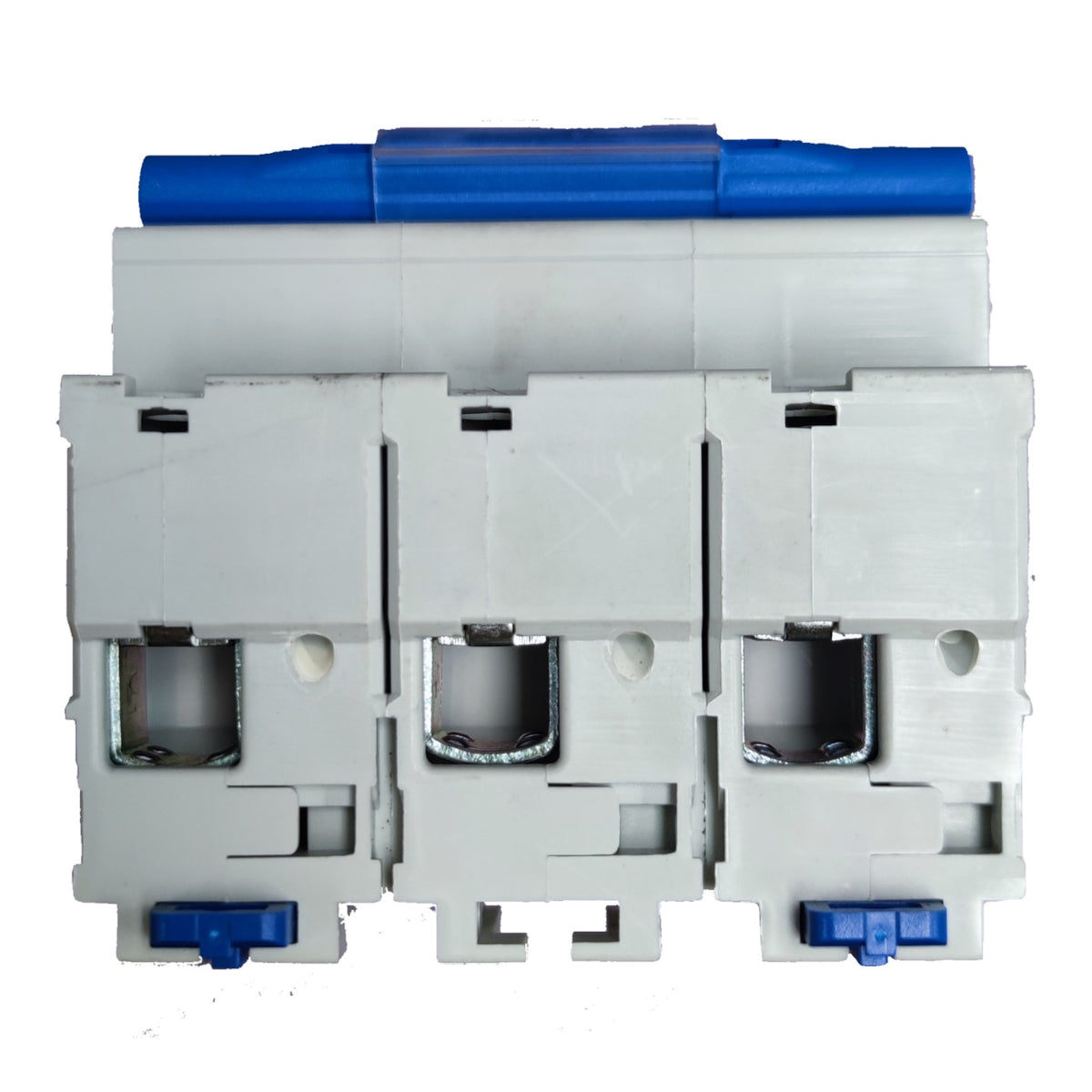 A three-way modular electrical contactor with a white plastic body and blue top and bottom terminal bars, shown against a plain white background.