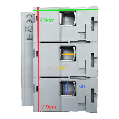 A gray electrical terminal block with overlaid dimension lines and measurements in centimeters (4.9cm, 0.