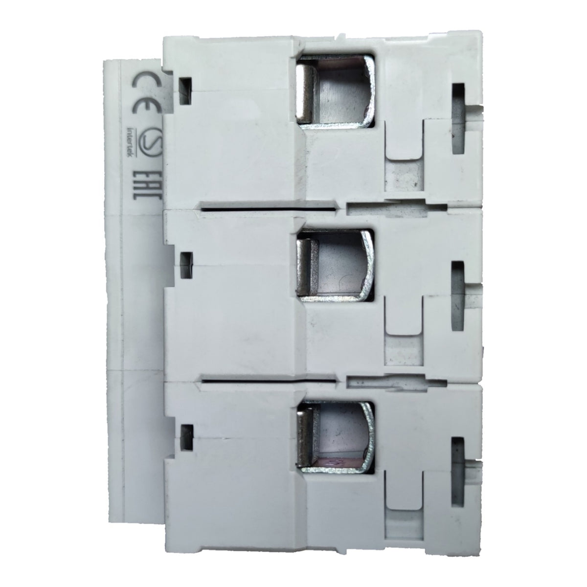 A three-pack of white modular electrical terminal blocks with silver metal contact points, shown against a plain white background.
