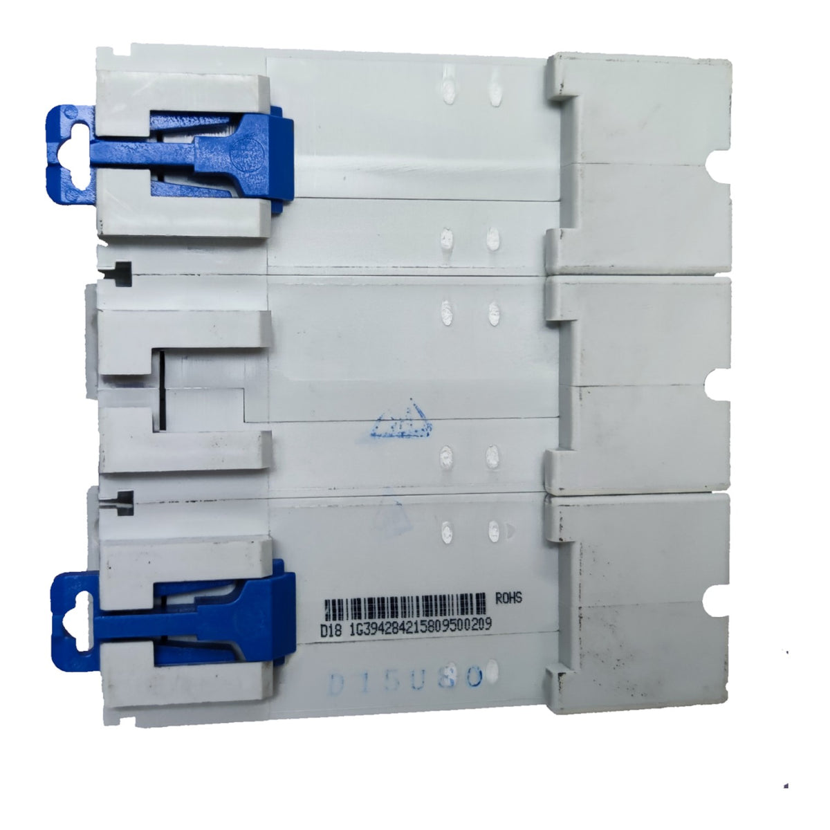 A stack of white plastic electrical distribution modules or circuit breaker components with blue latch mechanisms, shown against a plain white background.