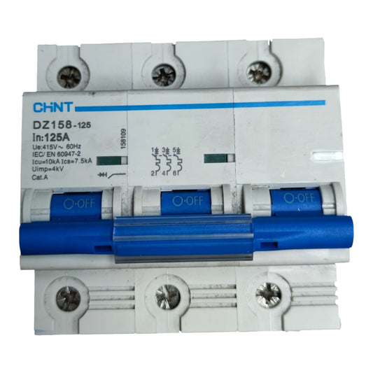 CHINT DZ158-125 125A modular miniature circuit breaker with a blue handle and white plastic housing, shown on a white background.