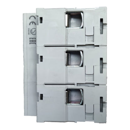 A three-pack of white modular electrical terminal blocks with silver metal contact points, shown against a plain white background.