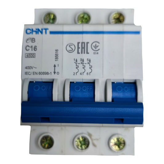 CHNT CB C16 4500A modular electrical circuit breaker with white plastic housing, blue handle, and green screw terminals.