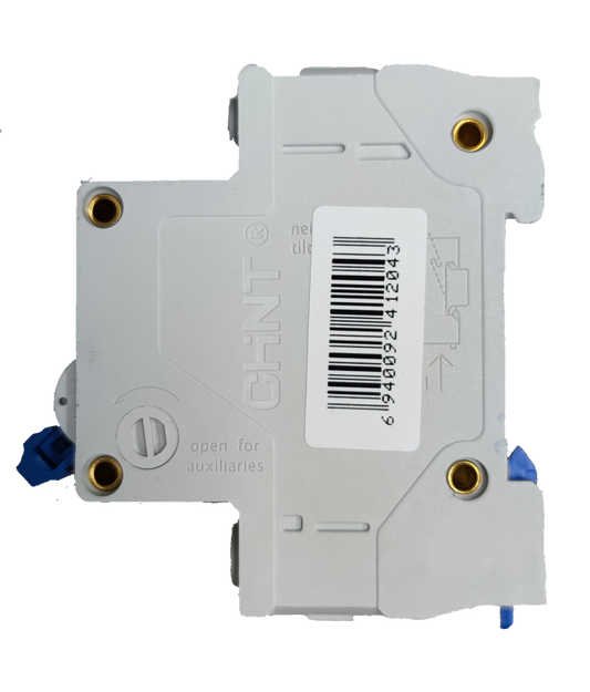 CHINT 25A 2 pole miniature circuit breaker with mounting holes and electrical diagram on the side