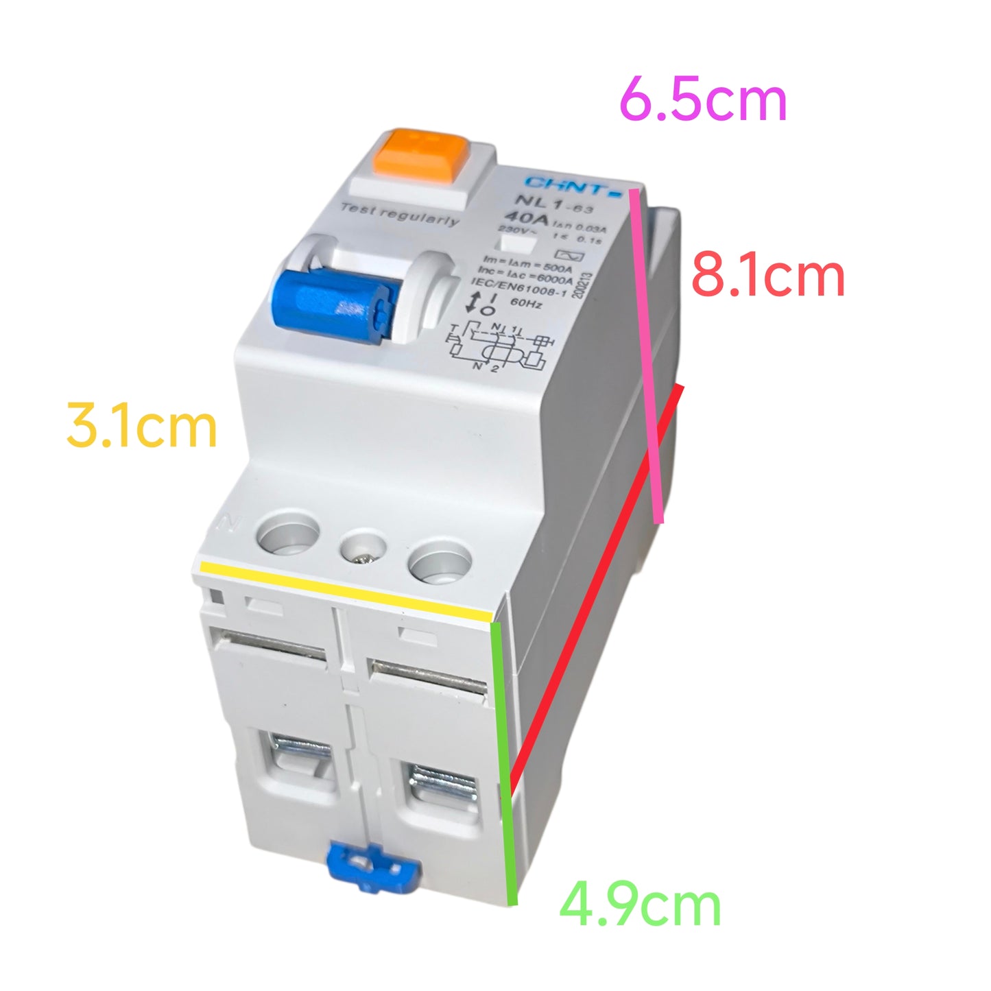 Electrical断路器 with dimensions labeled on a white background
