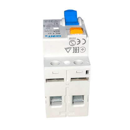 Electrical circuit breaker with blue and orange labels on a white background