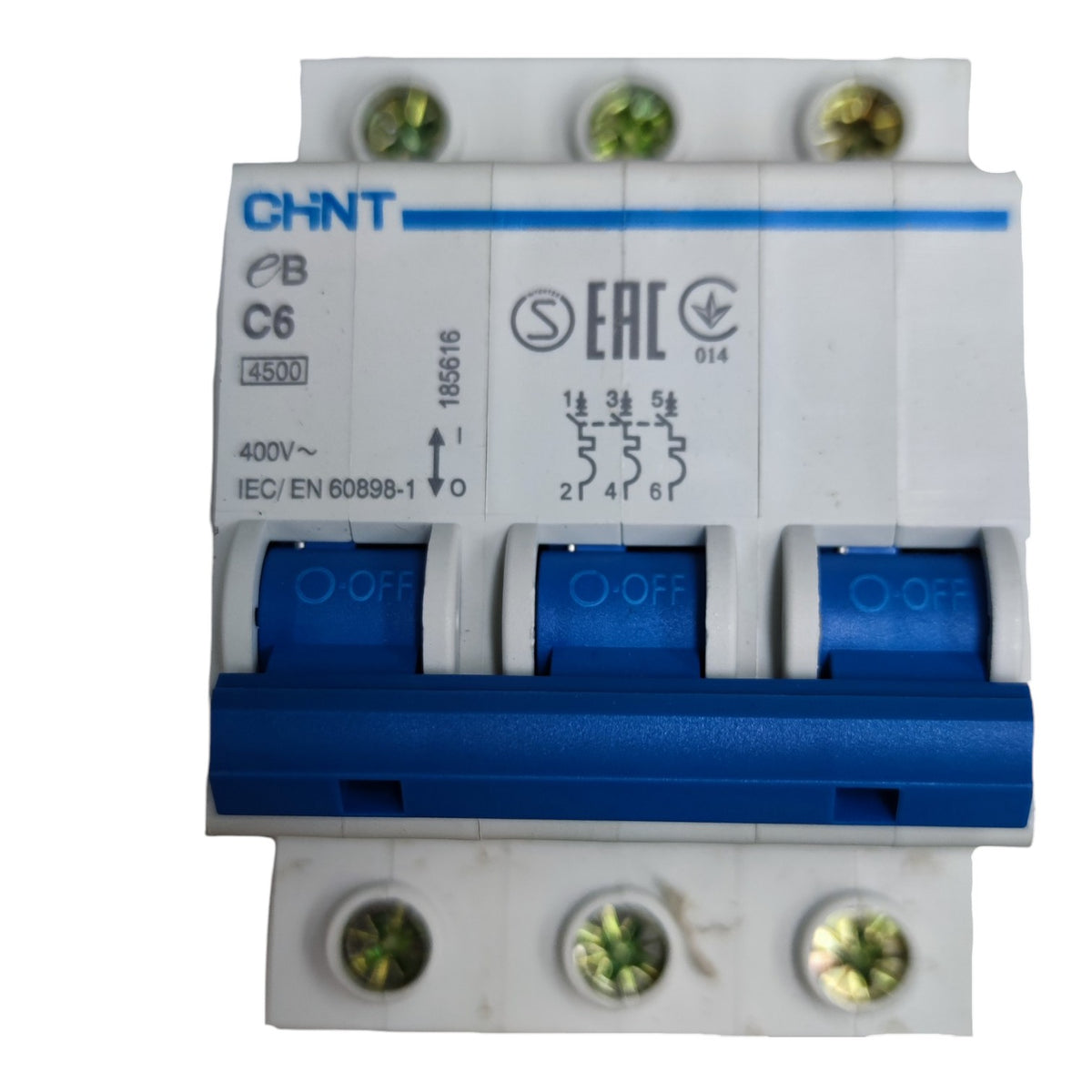 CHNT C6 3-pole circuit breaker with blue and white plastic housing, featuring green terminal screws on the top and bottom terminals.